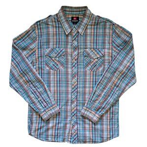 Quiksilver Mens Large Shirt Teal Blue Red Plaid Button Up Long Sleeve Casual